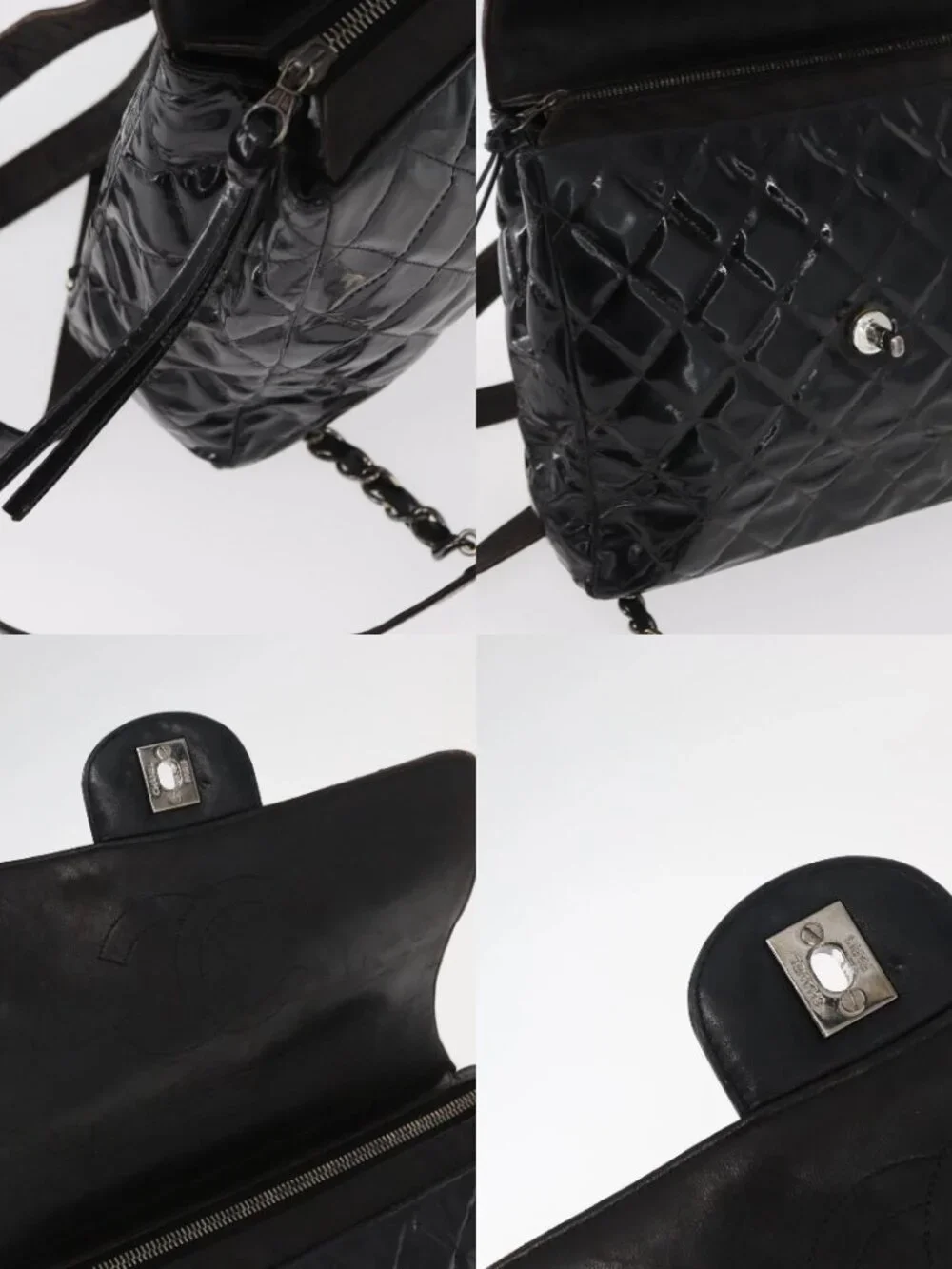 CHANEL Matelasse 25 Chain Backpack Enamel Black Silver CC Auth gh1554